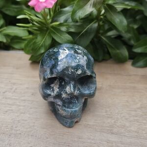 Moss Agate Crystal Skull Sculpture